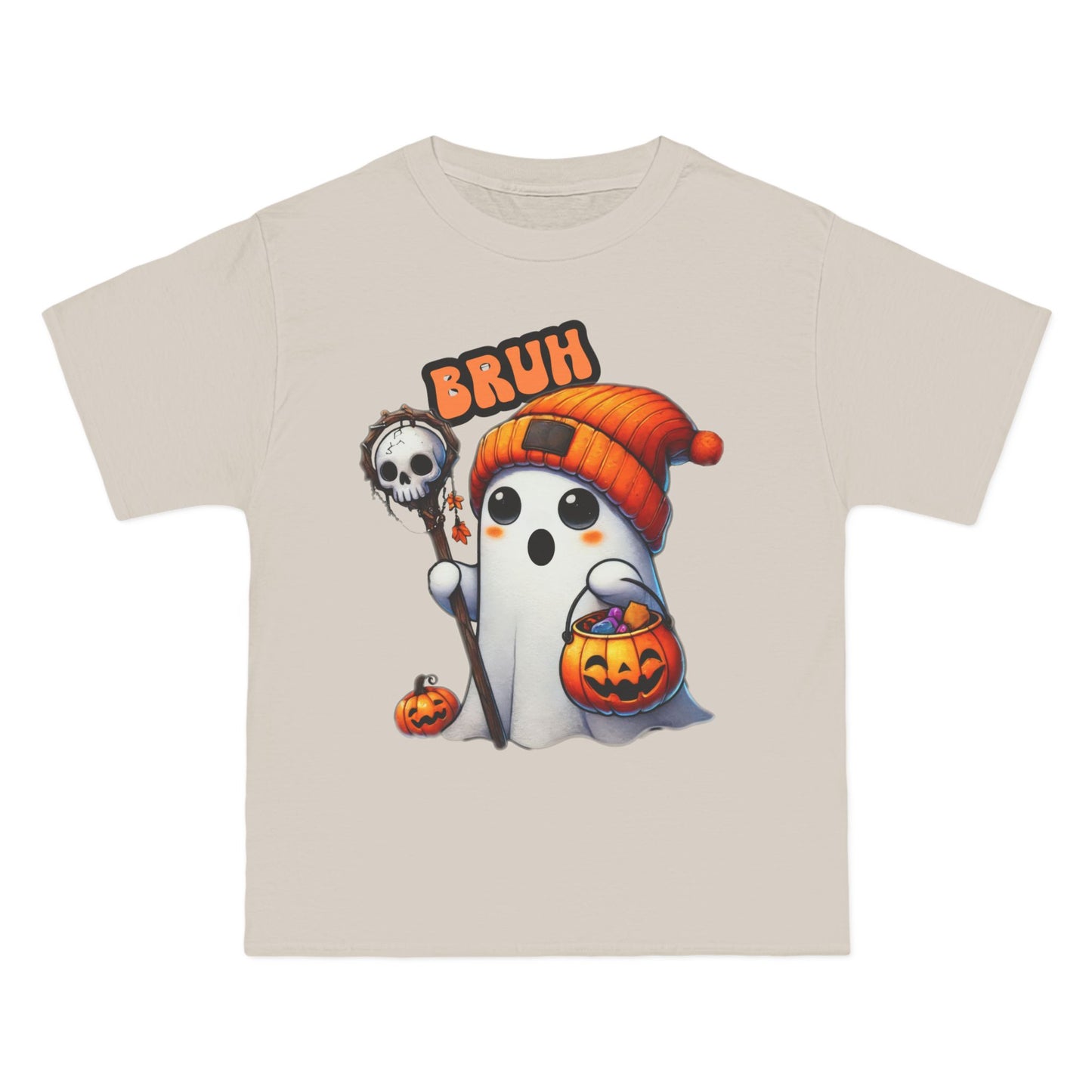 Cute Halloween Over-sized T shirt with 'Bruh' Ghost in Orange Beanie – Perfect for a Playful Fall Look!