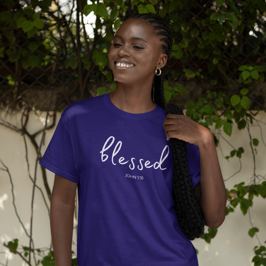 Get trendy with Blessed (John 1:16) T-Shirt:  Words of Faith Series (White Text) - T-Shirts available at Good Gift Company. Grab yours for $21.95 today!