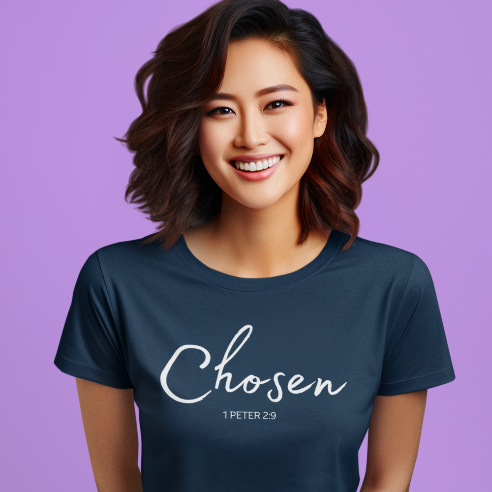 Get trendy with Chosen white text Chosen (1 Peter 2:9) T-Shirt Words of Faith series (white Text) - T-Shirts available at Good Gift Company. Grab yours for $21.95 today!