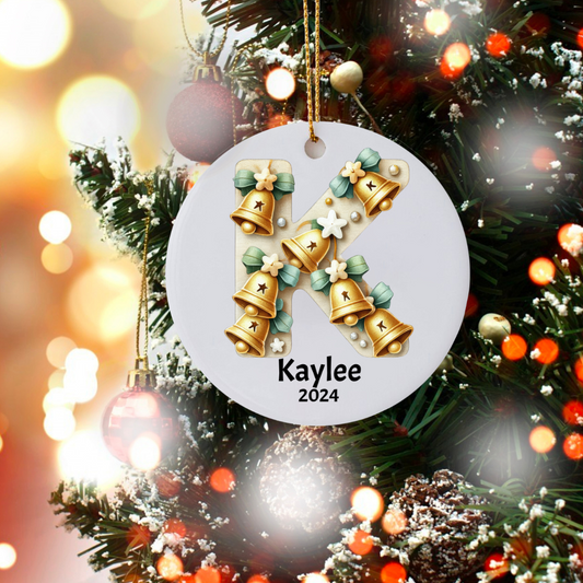 Christmas| Personalized Ceramic Christmas Ornament – Initial & Name Adorned with festive Christmas Bells