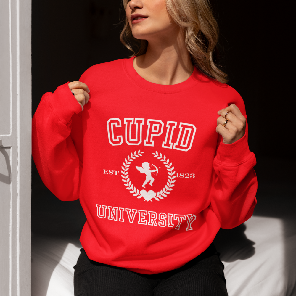 Get trendy with Cupid University (2) Cupid University Crewneck Pullover Sweatshirt - Sweatshirts available at Good Gift Company. Grab yours for $27 today!