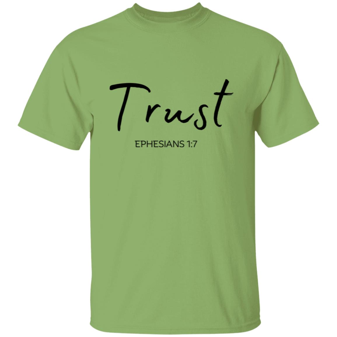 Get trendy with Trust (4) Trust (Ephesians 1:7) T-Shirt Words of Faith Series (black Text) - T-Shirts available at Good Gift Company. Grab yours for $21.95 today!
