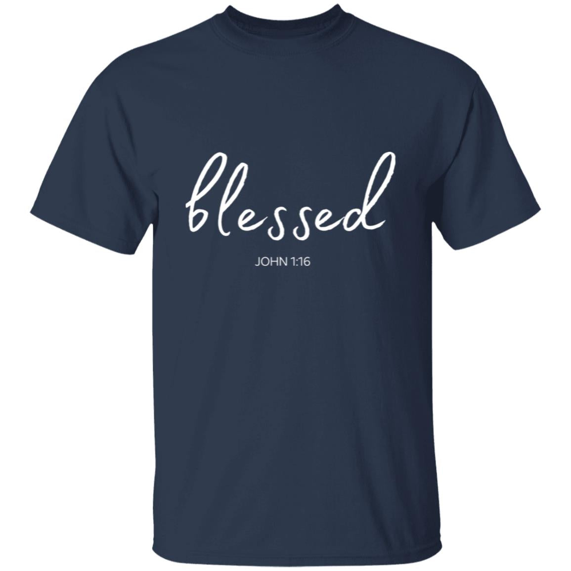 Get trendy with Blessed (John 1:16) T-Shirt:  Words of Faith Series (White Text) - T-Shirts available at Good Gift Company. Grab yours for $21.95 today!