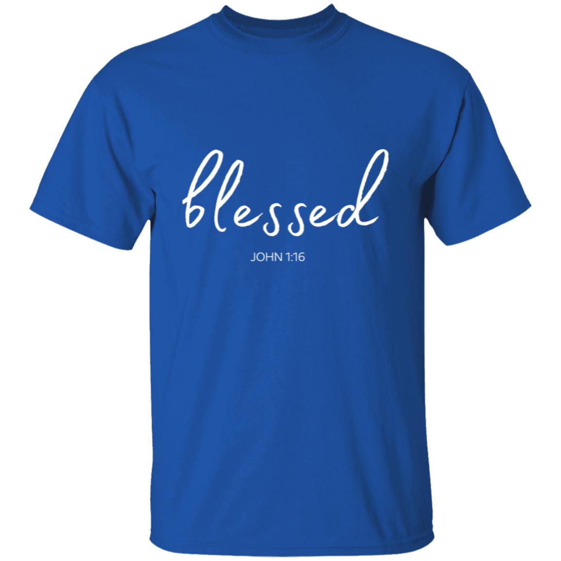 Get trendy with Blessed (John 1:16) T-Shirt:  Words of Faith Series (White Text) - T-Shirts available at Good Gift Company. Grab yours for $21.95 today!