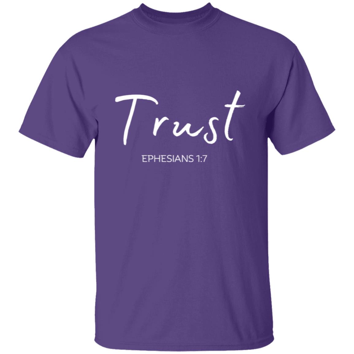 Get trendy with Trust (Ephesians 1:7)T-Shirt: Words of Faith Series (white text) - T-Shirts available at Good Gift Company. Grab yours for $21.95 today!