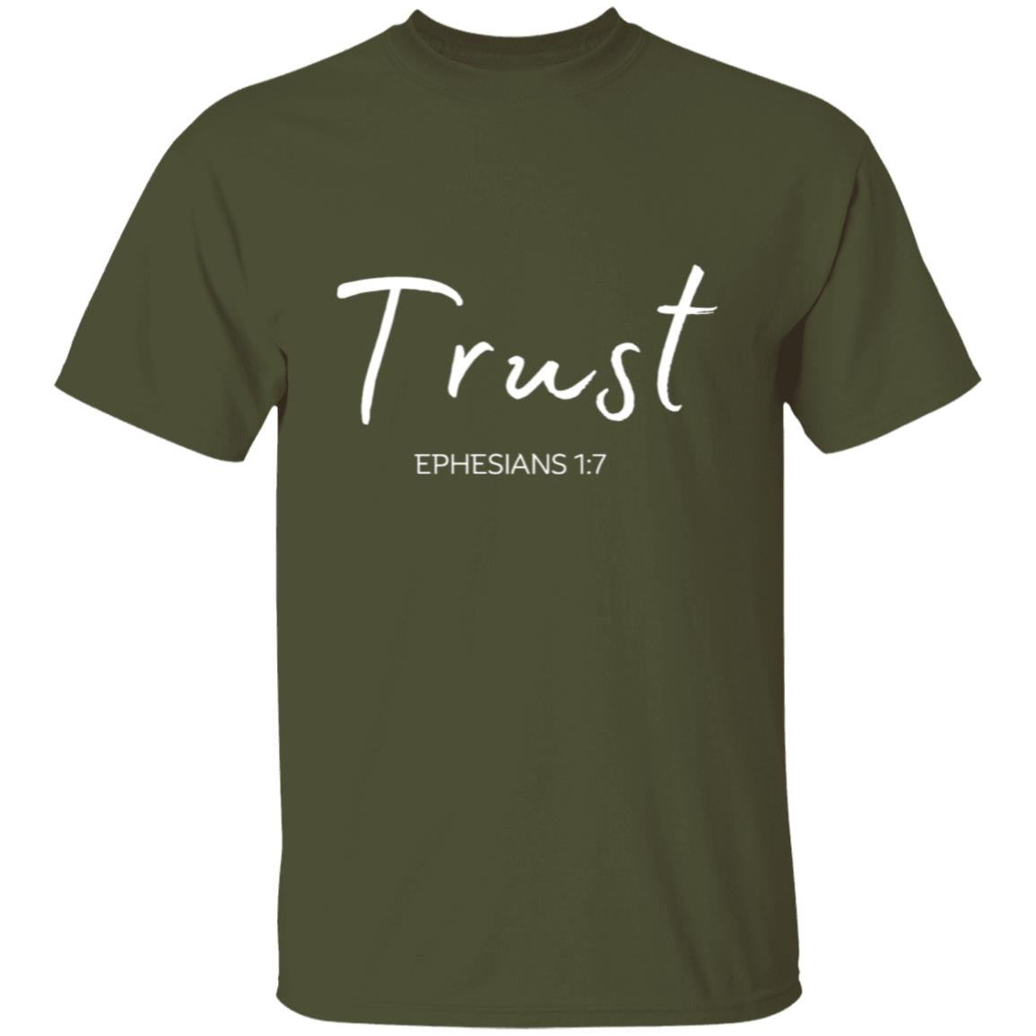 Get trendy with Trust (Ephesians 1:7)T-Shirt: Words of Faith Series (white text) - T-Shirts available at Good Gift Company. Grab yours for $21.95 today!