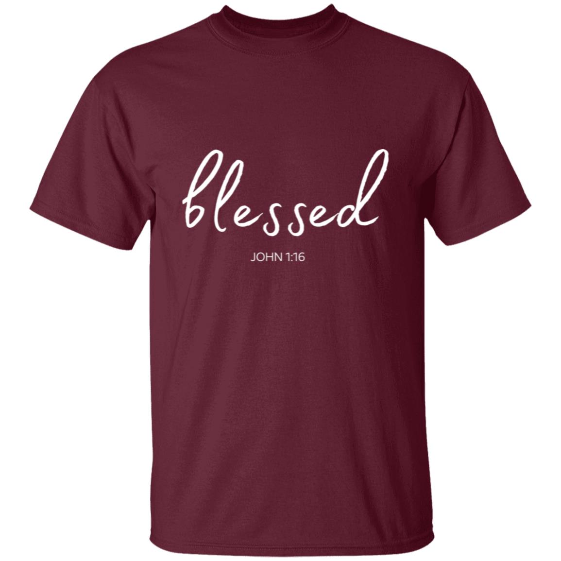 Get trendy with Blessed (John 1:16) T-Shirt:  Words of Faith Series (White Text) - T-Shirts available at Good Gift Company. Grab yours for $21.95 today!