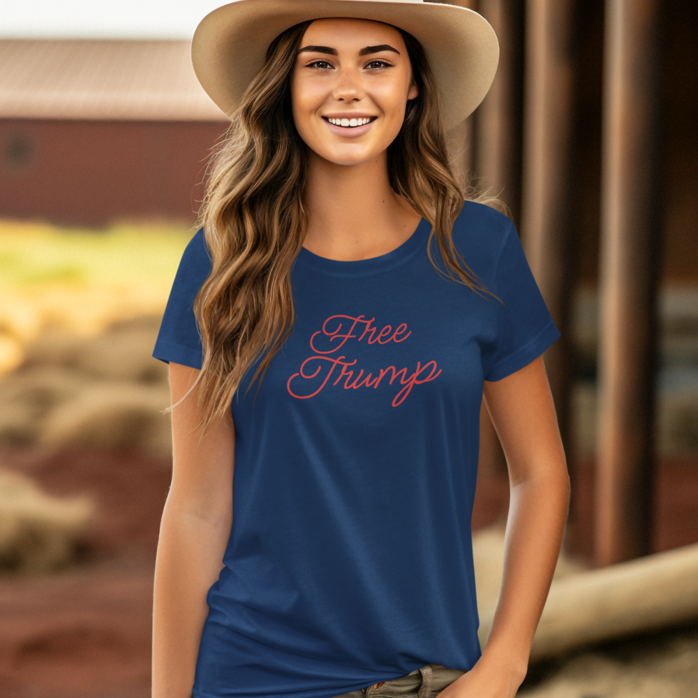 Get trendy with "Free Trump" Unisex Jersey Short Sleeve Tee Red cursive Text - T-Shirt available at Good Gift Company. Grab yours for $16 today!