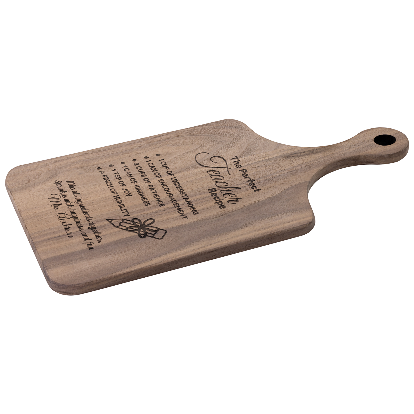 Get trendy with The Perfect Teacher Recipe Hardwood Paddle Cutting Board -  available at Good Gift Company. Grab yours for $22.50 today!