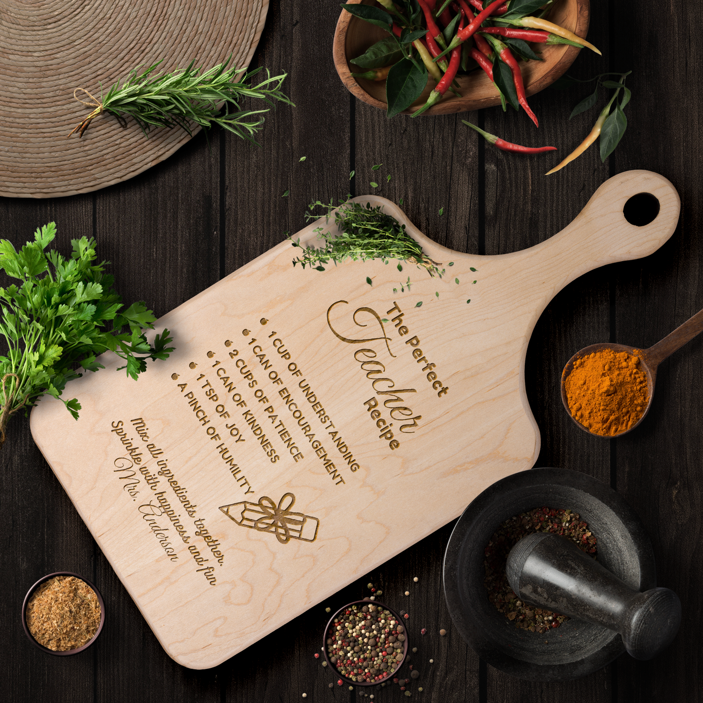 Get trendy with The Perfect Teacher Recipe Hardwood Paddle Cutting Board -  available at Good Gift Company. Grab yours for $22.50 today!