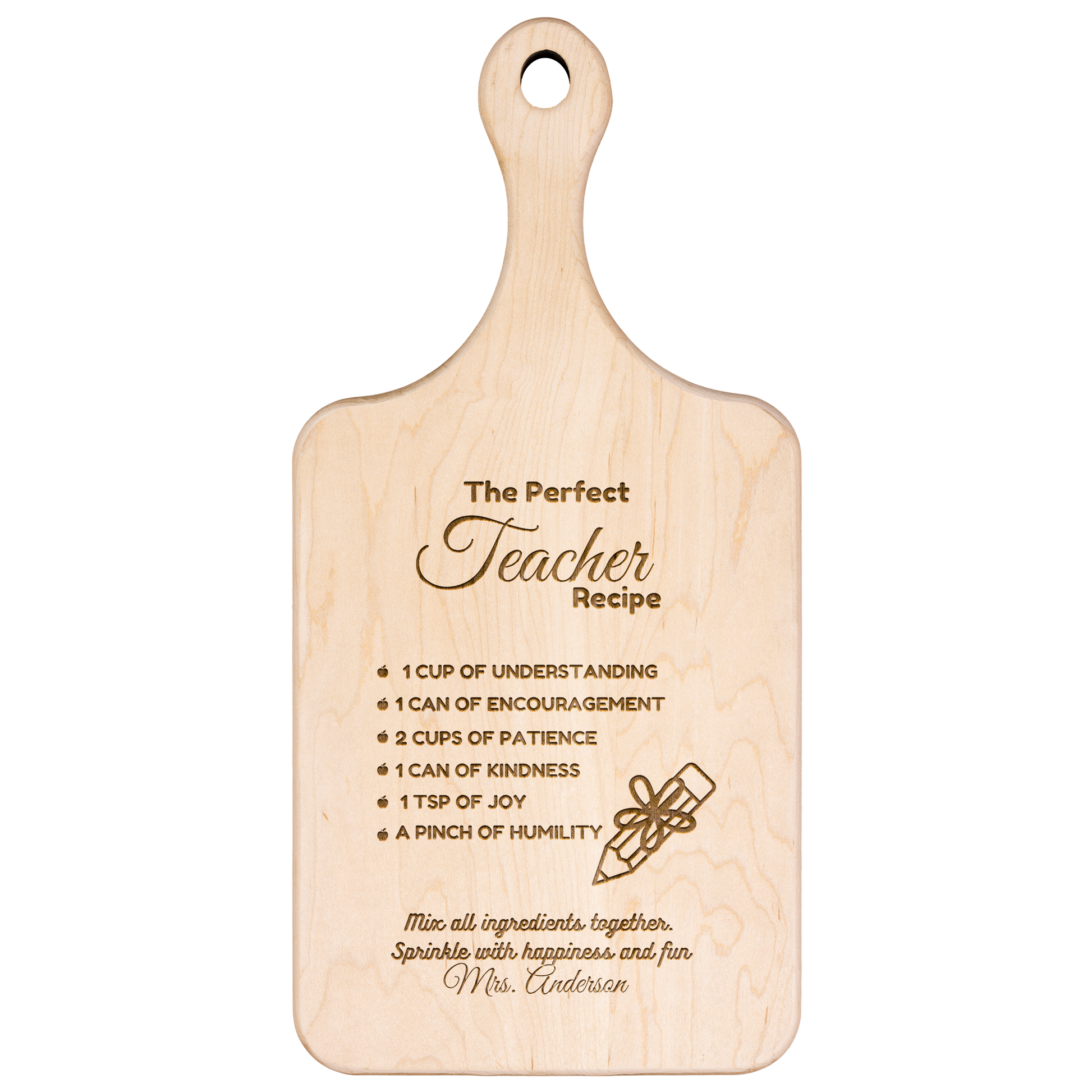 Get trendy with The Perfect Teacher Recipe Hardwood Paddle Cutting Board -  available at Good Gift Company. Grab yours for $22.50 today!