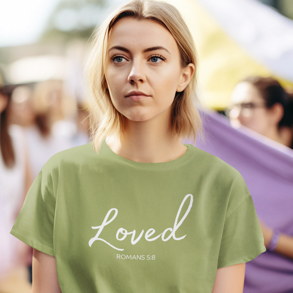 Get trendy with Loved white text Loved (Romans 5:8) T-Shirt Words of Faith Series (White Text) - T-Shirts available at Good Gift Company. Grab yours for $21.95 today!