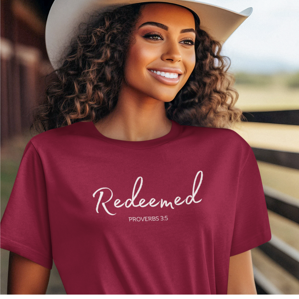Get trendy with Redeemed white text Redeemed (proverbs 3:5) T-Shirt Words of Faith Series (White Text) - T-Shirts available at Good Gift Company. Grab yours for $21.95 today!