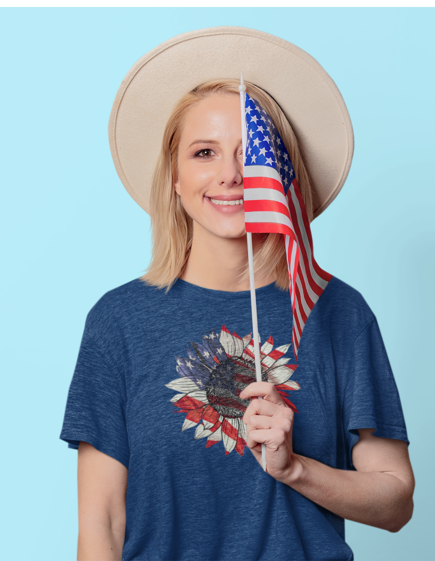 Get trendy with Sunflower American Flag Unisex Softstyle T-Shirt - T-Shirt available at Good Gift Company. Grab yours for $14.99 today!