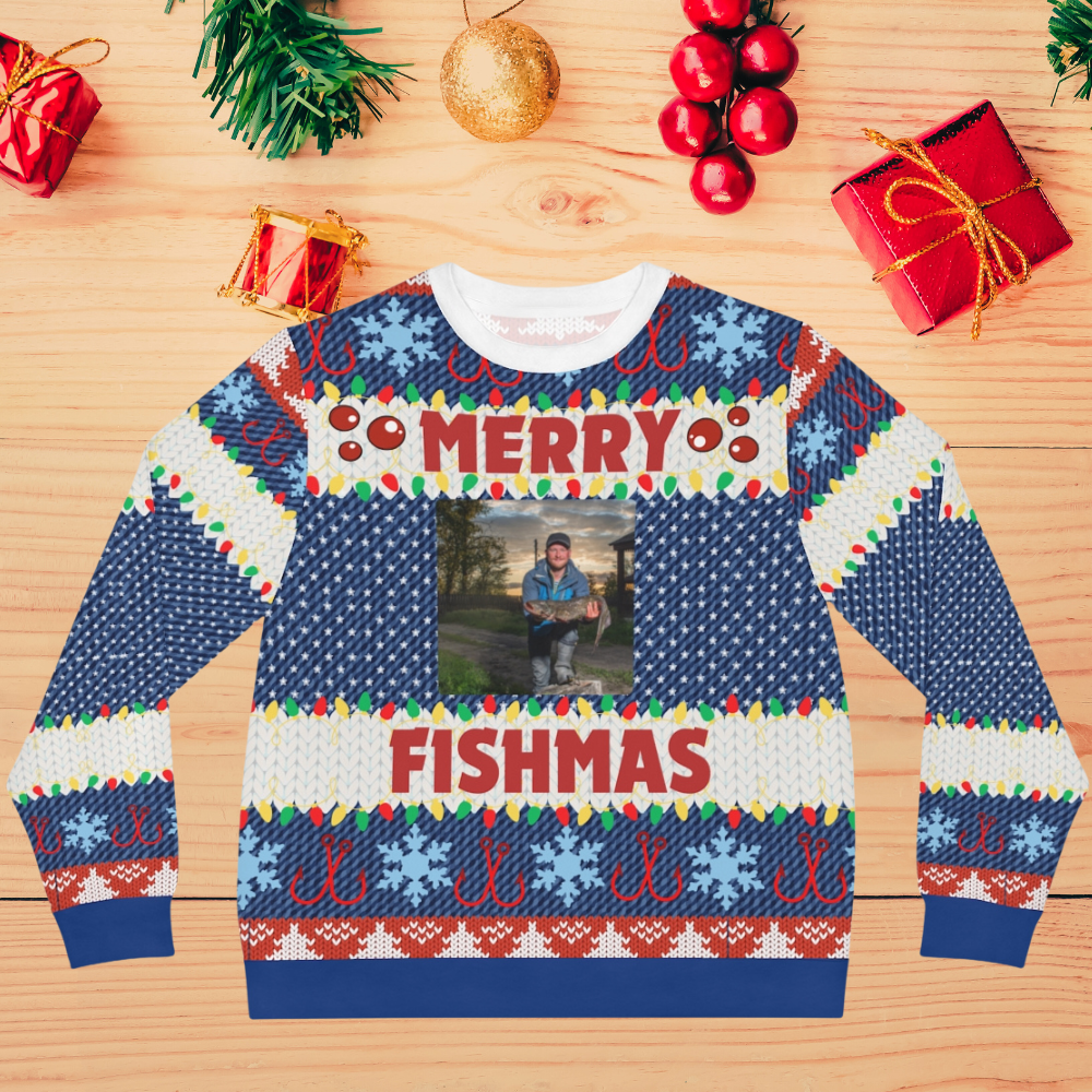 Merry Fishmas Ugly Christmas Sweater - Personalized Fishing Photo Upload