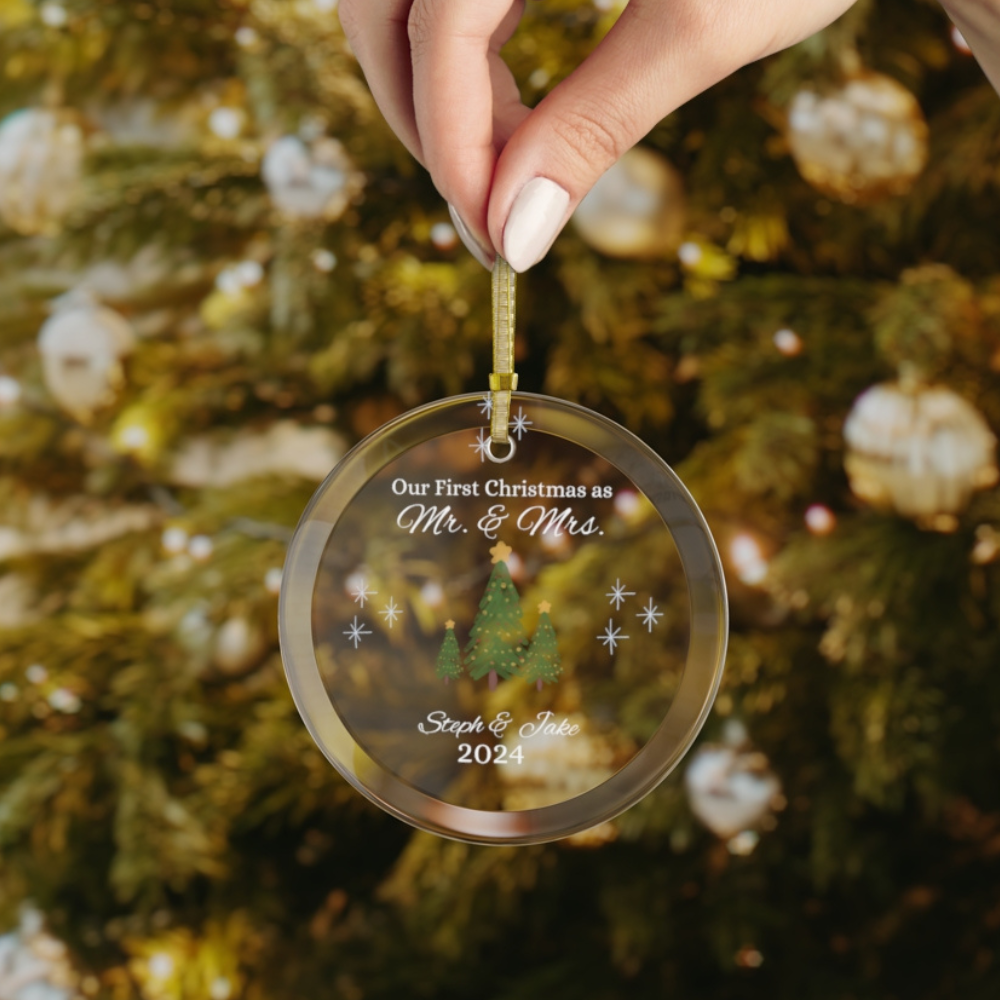 Christmas| Personalized "Our First Christmas as Mr. and Mrs." Glass Ornament – Custom Names and Date