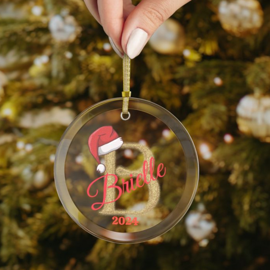 Christmas| Personalized Glass Ornament with Sparkling Gold Initial & Name – Custom Christmas Decor