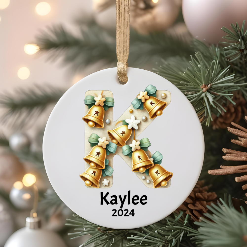 Christmas| Personalized Ceramic Christmas Ornament – Initial & Name Adorned with Festive Christmas Bells