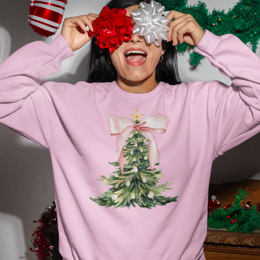 Christmas| Elegant Christmas Tree Sweatshirt – Holiday Coquette Bow and Ornament Design