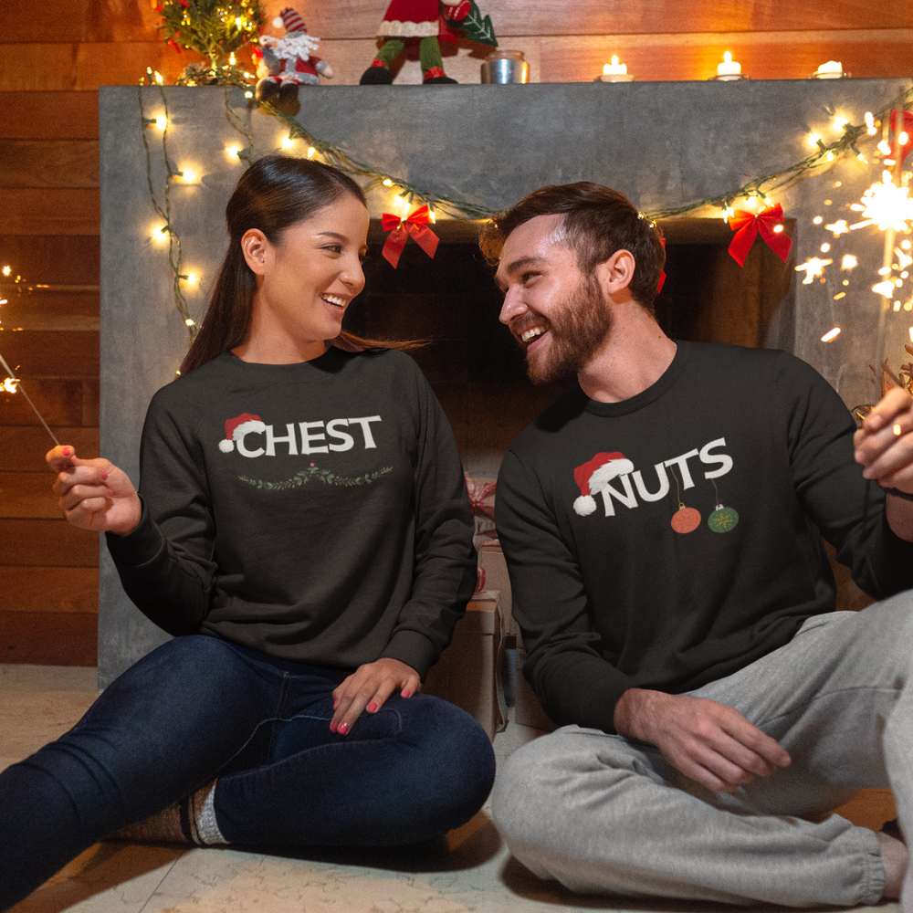 Fun & Festive Couple Christmas Shirts – Chest & Nuts Matching Sweatshirts Starting at $59.95 for the pair.