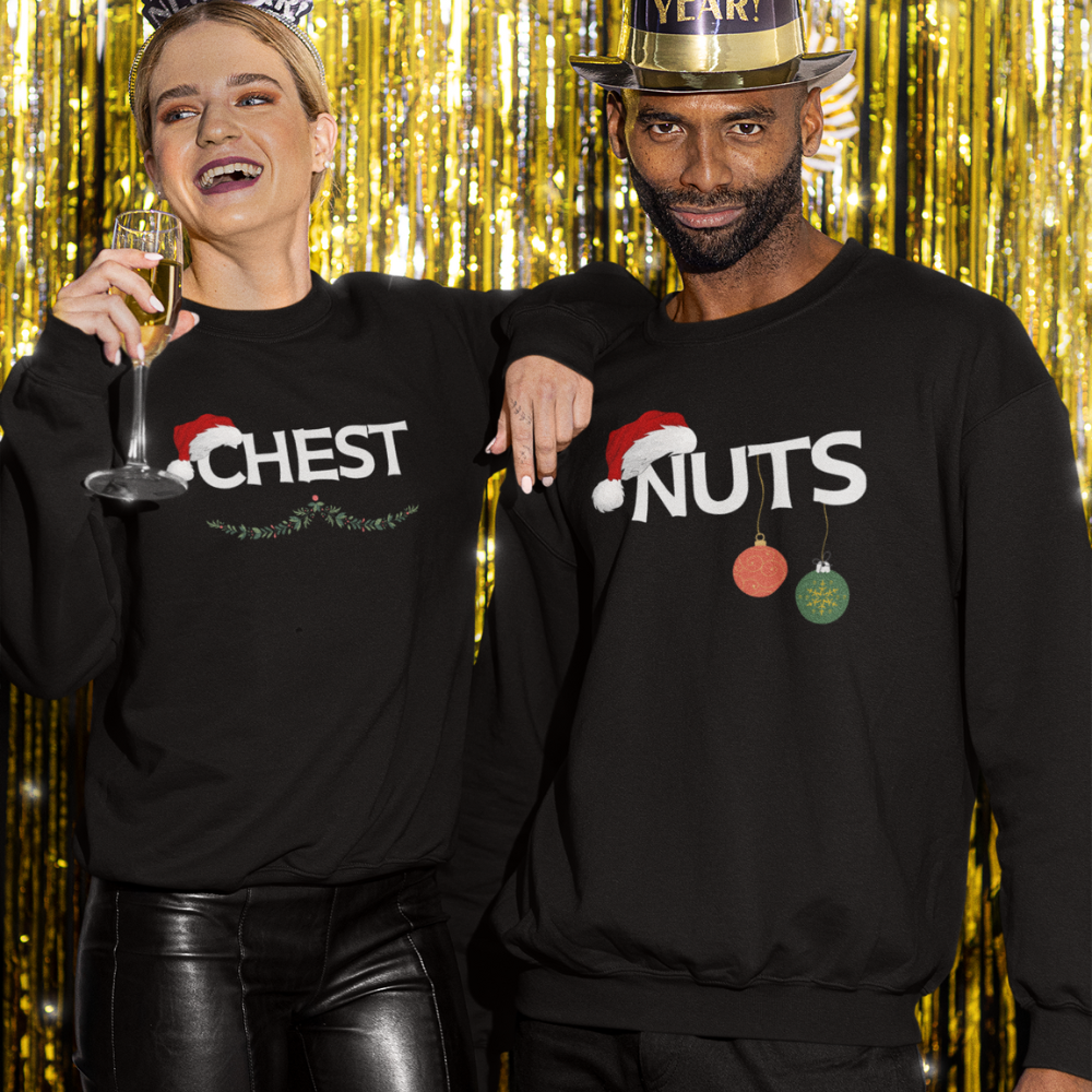 Fun & Festive Couple Christmas Shirts – Chest & Nuts Matching Sweatshirts Starting at $59.95 for the pair.