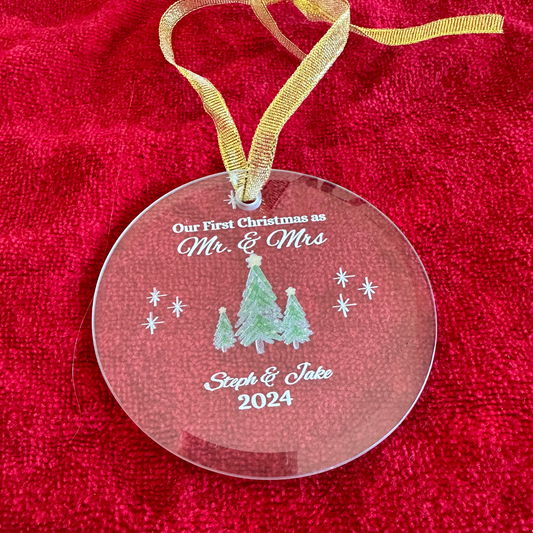 Christmas| Personalized "Our First Christmas as Mr. and Mrs." Glass Ornament – Custom Names and Date