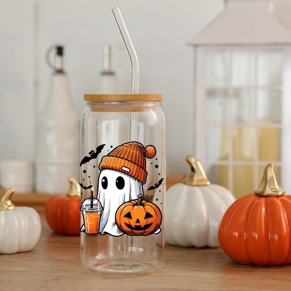 Halloween| Spooky Halloween 16oz Glass Sipper – Festive Ghost Design with Orange Beanie