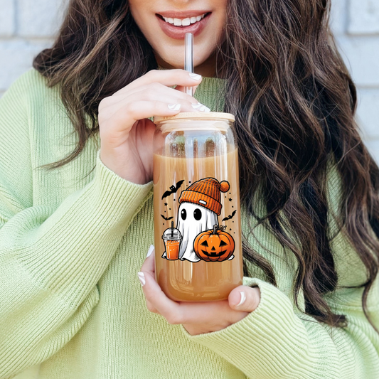 Halloween| Spooky Halloween 16oz Glass Sipper – Festive Ghost Design with Orange Beanie