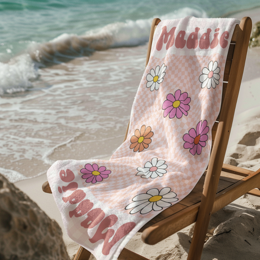 Personalized Retro Beach Towel – Custom Name Towel with Vintage Floral Design