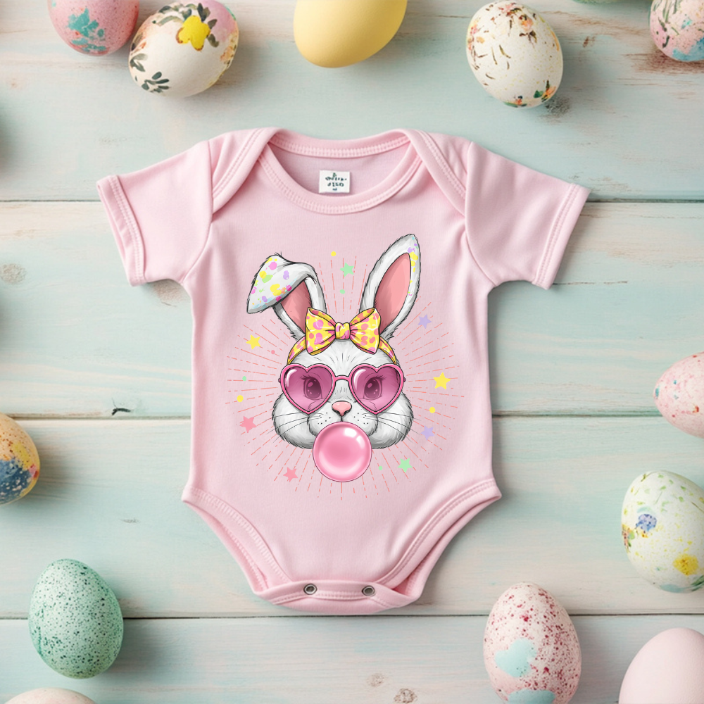 Pink Easter baby bodysuit featuring a trendy bunny design.