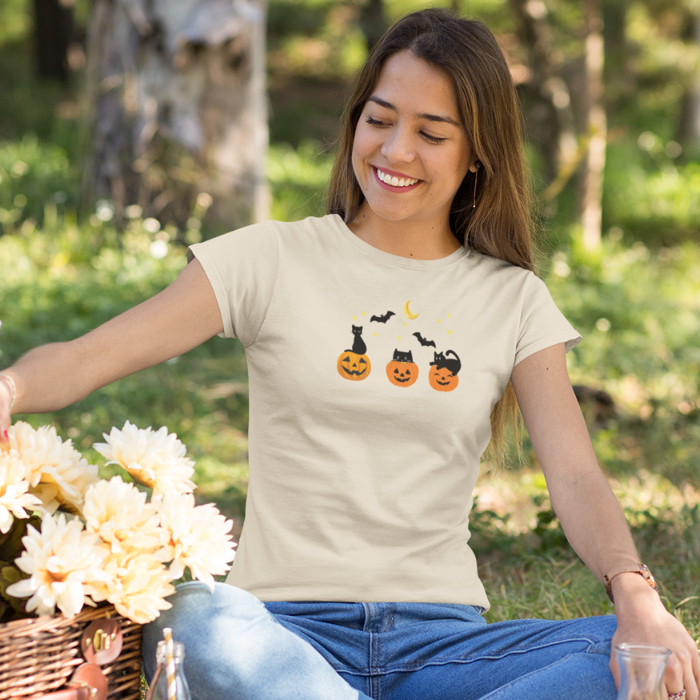 Get trendy with Cute Halloween T-Shirt with 3 Jack-O-Lanterns and Black Cats - Perfect for Spooky Season! -  available at Good Gift Company. Grab yours for $19.99 today!