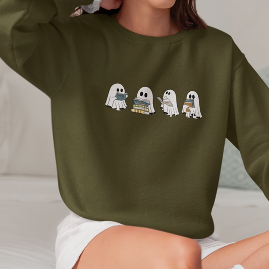 Cozy Fall Sweatshirt with Adorable Reading Ghosts – Perfect for Book Lovers!