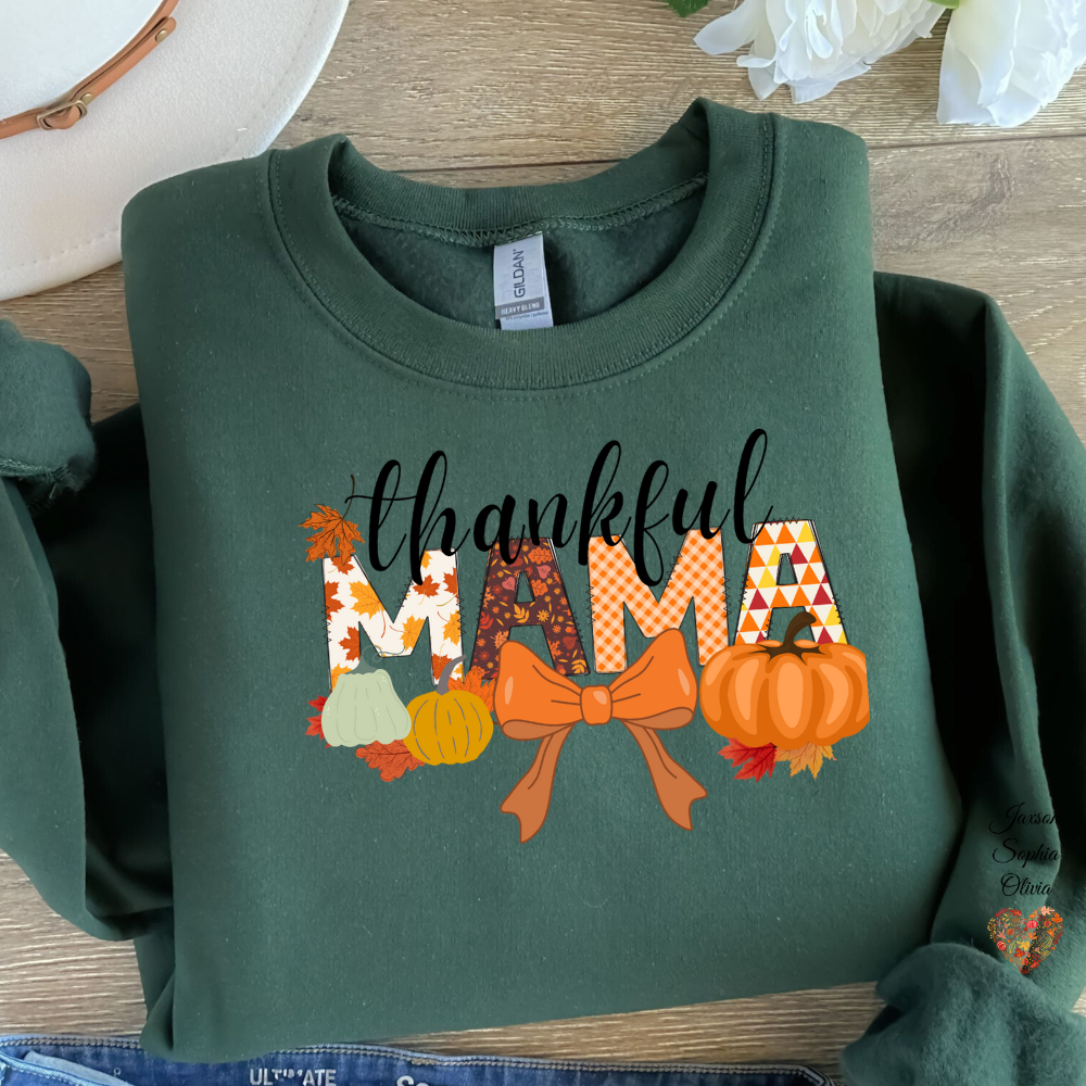 Fall| Thankful Mama Sweatshirt:  Personalized Heart on Sleeve Version