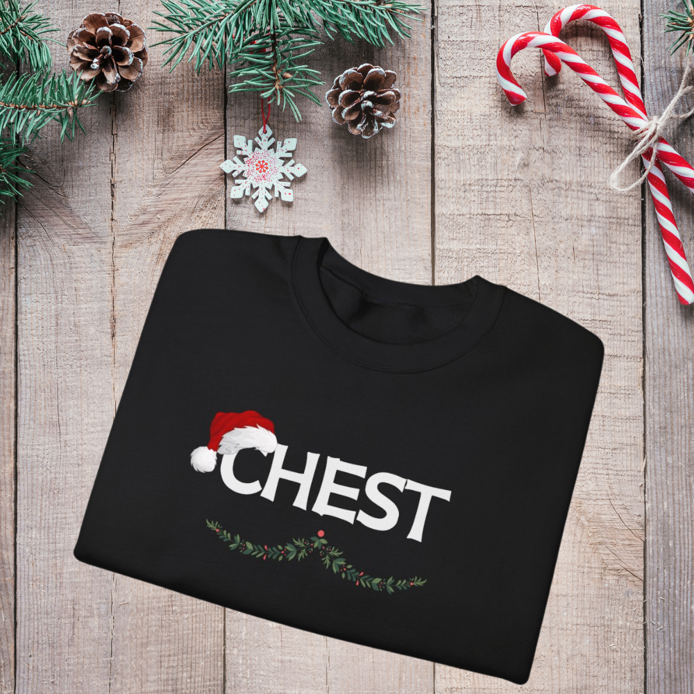 Fun & Festive Couple Christmas Shirts – Chest & Nuts Matching Sweatshirts Starting at $59.95 for the pair.