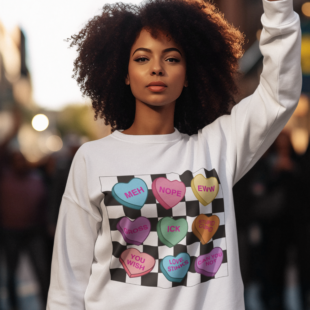 Get trendy with anti valentines candy sweatshirt Anti-Valentines Day Conversation Hearts Apparel - Apparel available at Good Gift Company. Grab yours for $21 today!