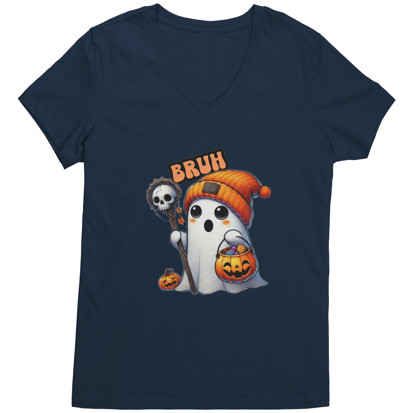 Get trendy with "Bruh!" Halloween T-Shirt – Cute Ghost with Orange Beanie -  available at Good Gift Company. Grab yours for $19.99 today!