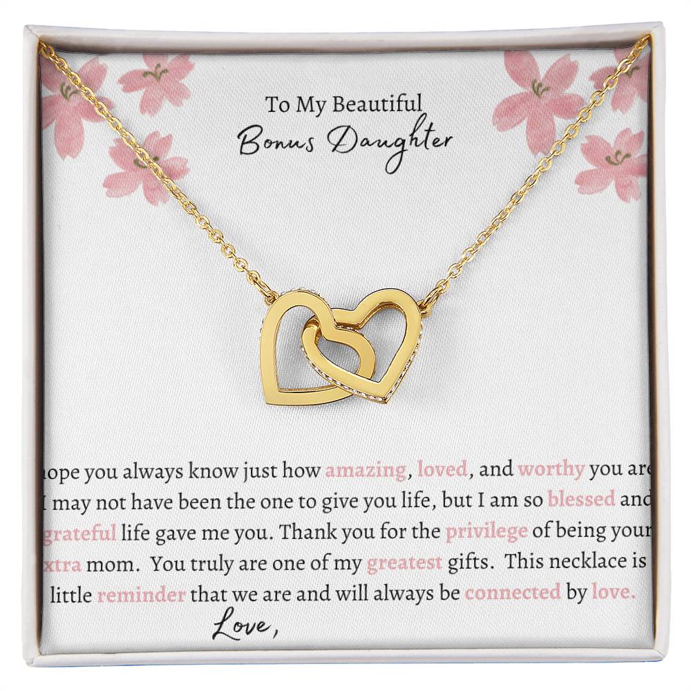 Get trendy with To My Bonus Daughter Interlocking Hearts Necklace - Jewelry available at Good Gift Company. Grab yours for $59.95 today!