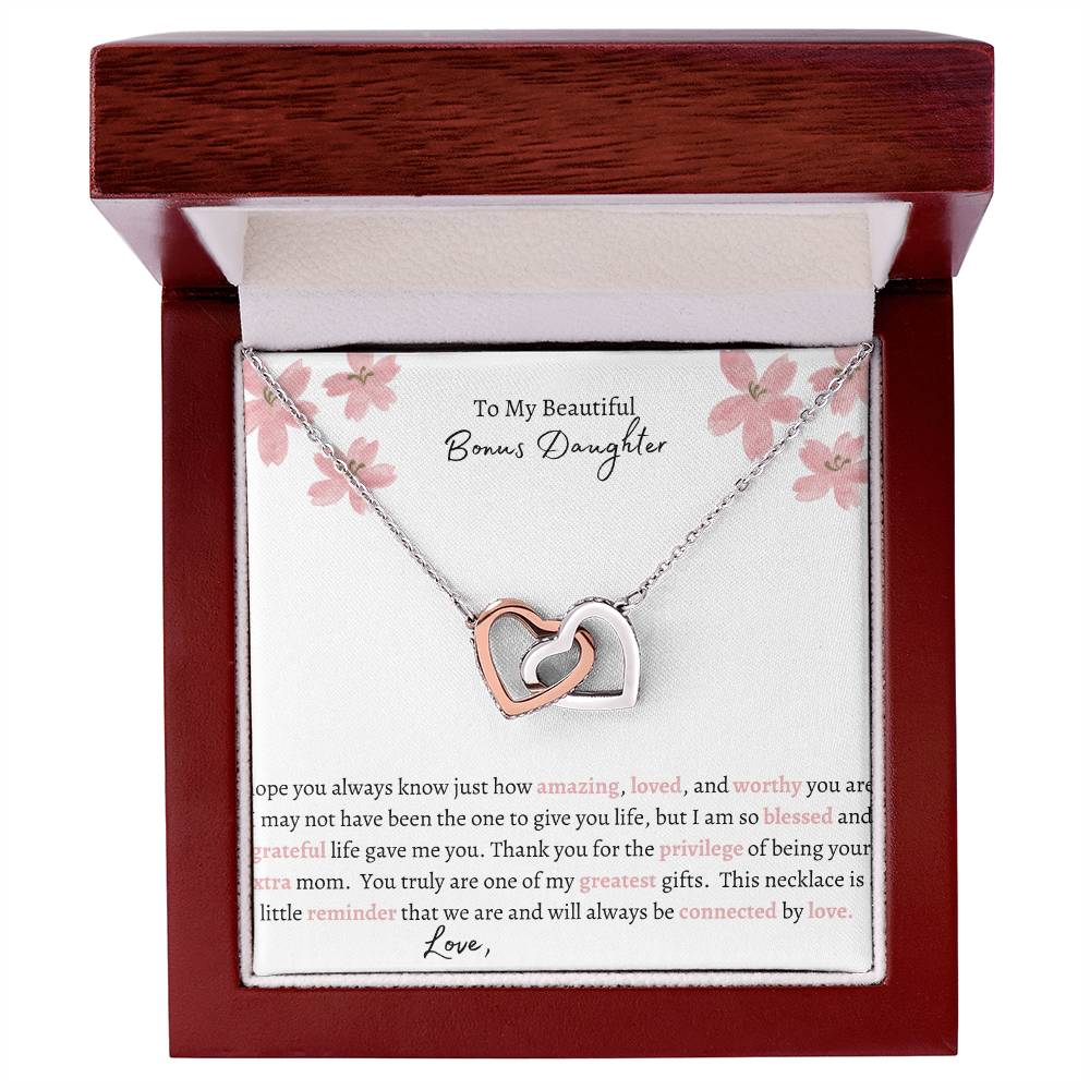 Get trendy with To My Bonus Daughter Interlocking Hearts Necklace - Jewelry available at Good Gift Company. Grab yours for $59.95 today!