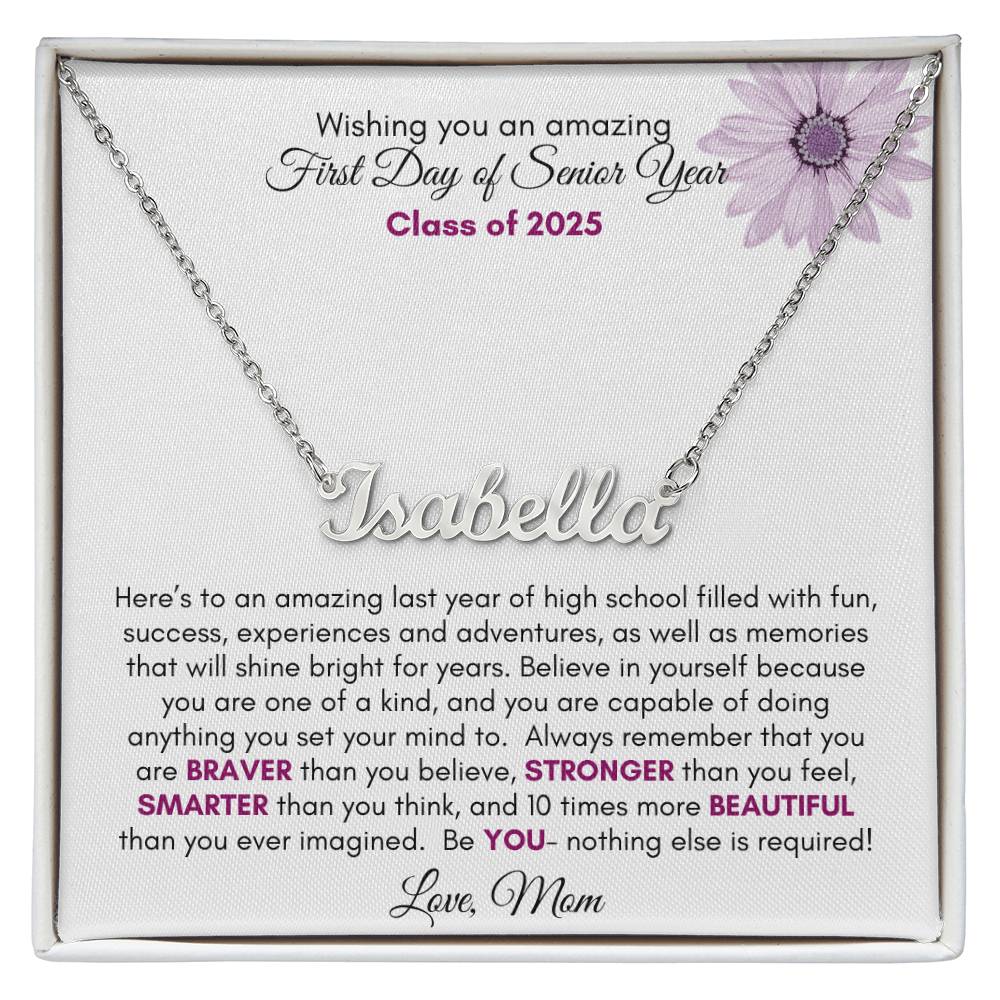 Get trendy with Regular Style Name Necklace with Heartfelt First Day of Senior Year Message Card (Purple) - Jewelry available at Good Gift Company. Grab yours for $39.95 today!