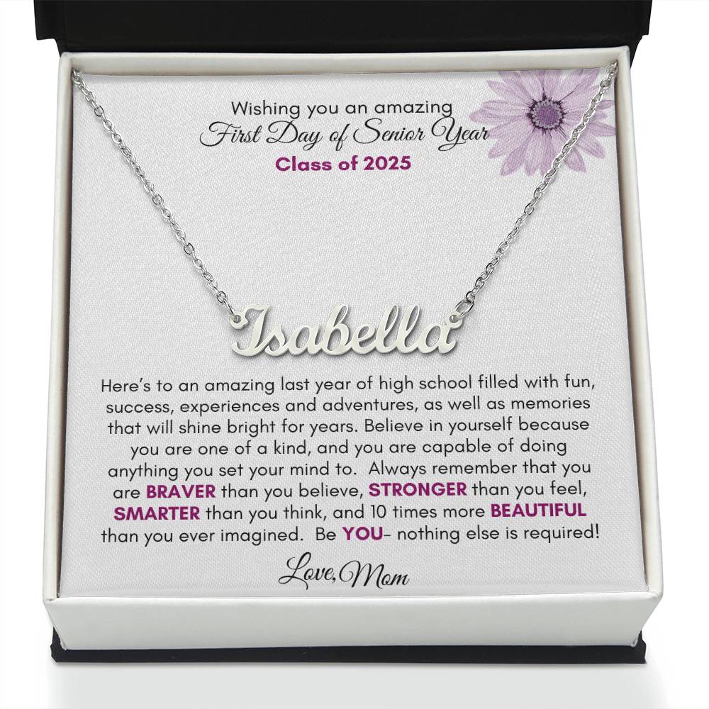 Get trendy with First Day of Senior Year Regular Script Style Name Necklace | Purple Flower - Jewelry available at Good Gift Company. Grab yours for $39.95 today!