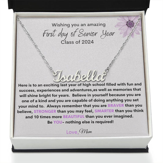 Get trendy with First Day of senior year  purple design name necklace customizable signature on message - Jewelry available at Good Gift Company. Grab yours for $39.95 today!
