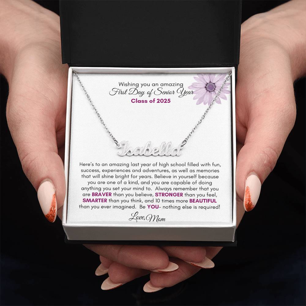 Get trendy with First Day of Senior Year Regular Script Style Name Necklace | Purple Flower - Jewelry available at Good Gift Company. Grab yours for $39.95 today!