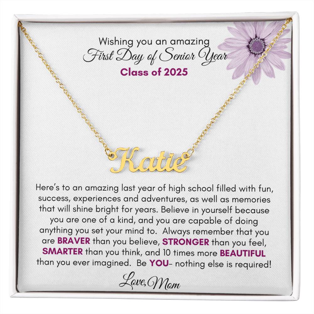 Get trendy with First Day of Senior Year Regular Script Style Name Necklace | Purple Flower - Jewelry available at Good Gift Company. Grab yours for $39.95 today!