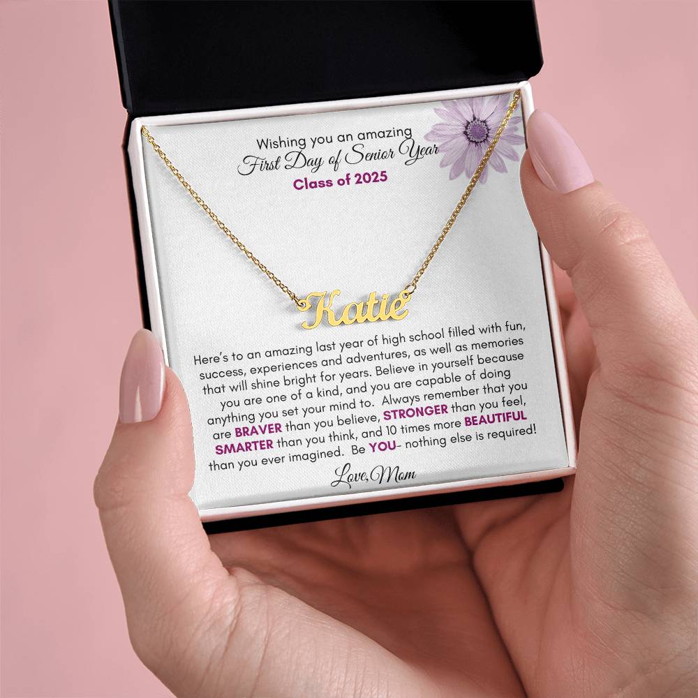 Get trendy with First Day of Senior Year Regular Script Style Name Necklace | Purple Flower - Jewelry available at Good Gift Company. Grab yours for $39.95 today!