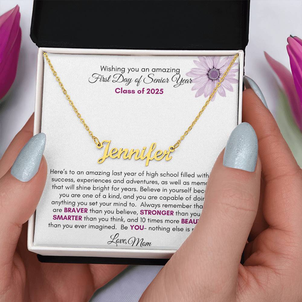 Get trendy with First Day of Senior Year Regular Script Style Name Necklace | Purple Flower - Jewelry available at Good Gift Company. Grab yours for $39.95 today!