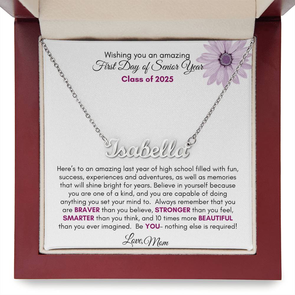 Get trendy with First Day of Senior Year Regular Script Style Name Necklace | Purple Flower - Jewelry available at Good Gift Company. Grab yours for $39.95 today!