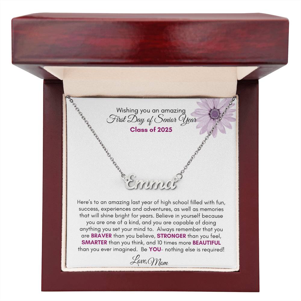 Get trendy with First Day of Senior Year Regular Script Style Name Necklace | Purple Flower - Jewelry available at Good Gift Company. Grab yours for $39.95 today!