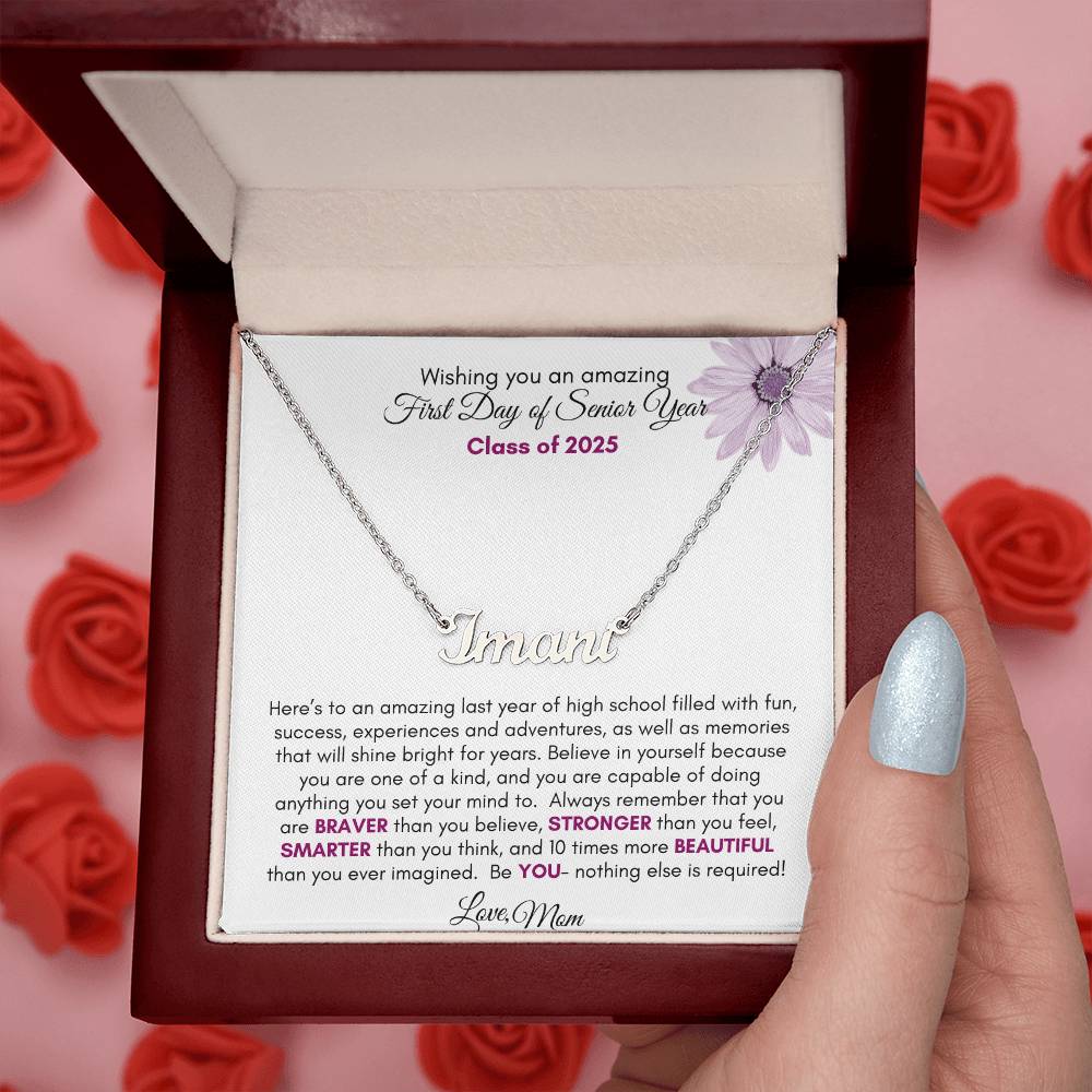 Get trendy with First Day of Senior Year Regular Script Style Name Necklace | Purple Flower - Jewelry available at Good Gift Company. Grab yours for $39.95 today!