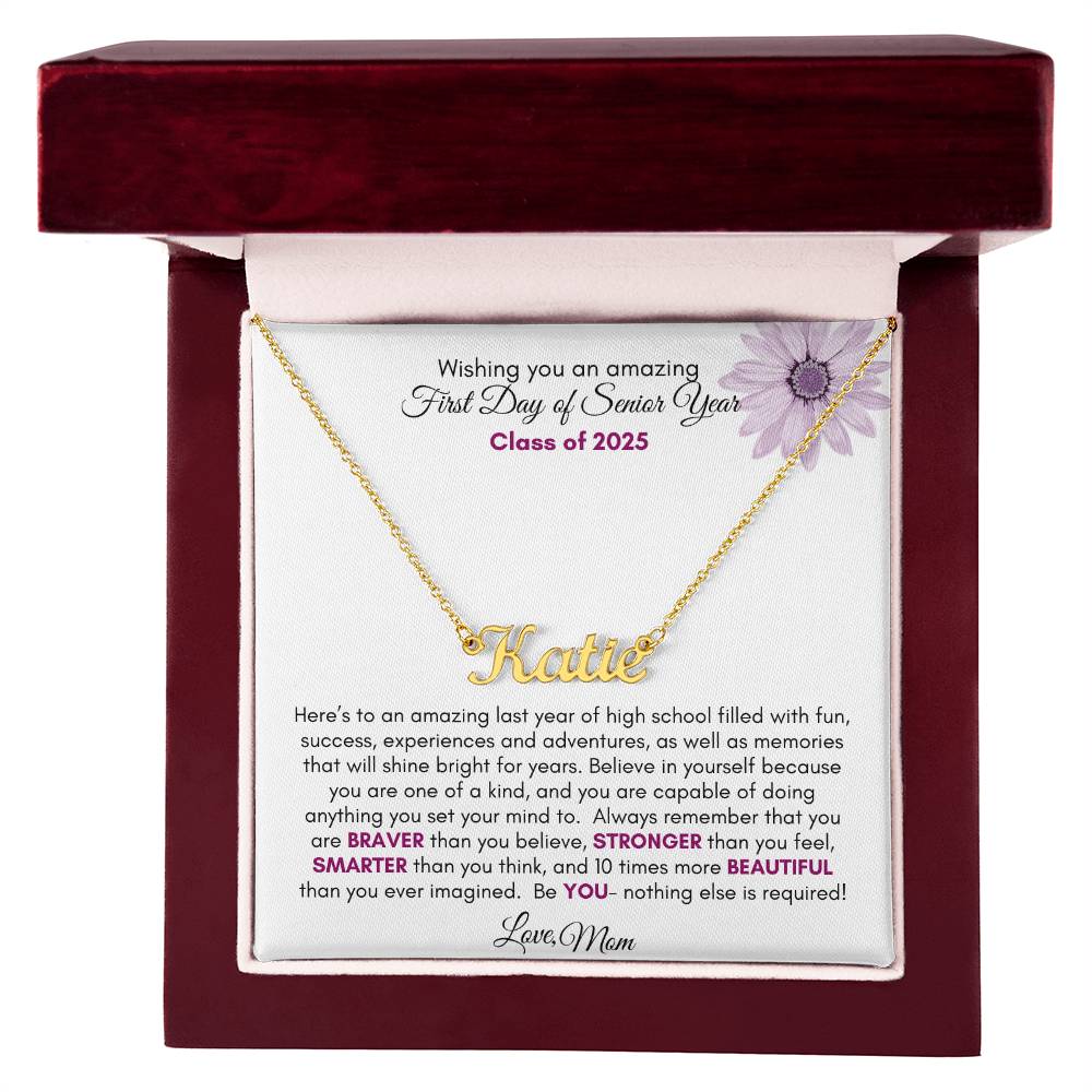 Get trendy with First Day of Senior Year Regular Script Style Name Necklace | Purple Flower - Jewelry available at Good Gift Company. Grab yours for $39.95 today!