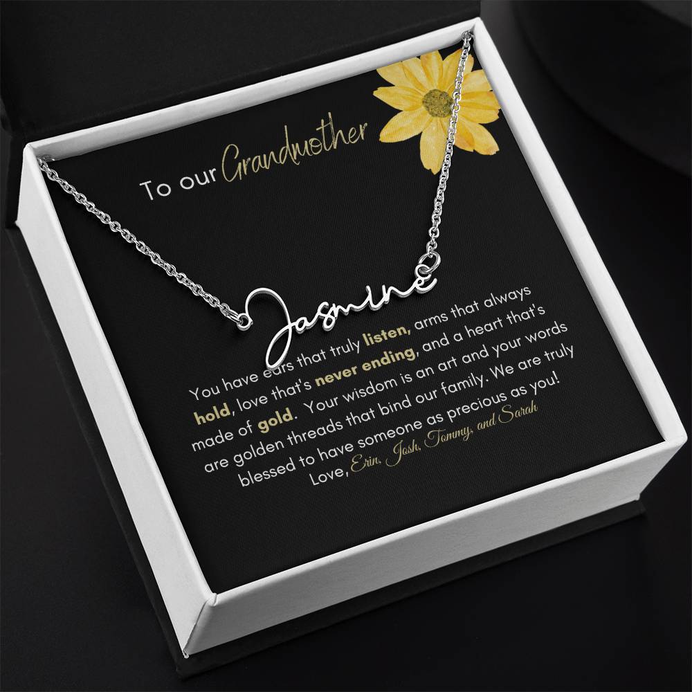 Get trendy with To our Grandmother signature Style name necklace - Jewelry available at Good Gift Company. Grab yours for $39.95 today!